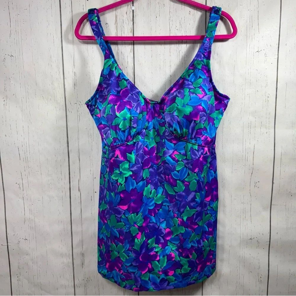 Maxine of Hollywood Floral One Piece Swimsuit Purple Blue 22W Tropical Beach